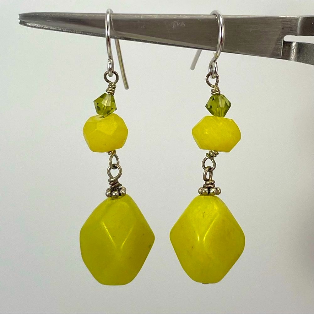 925 Sterling Silver Green Jade Beaded Dangle Earrings Statement Retro Funky Boho